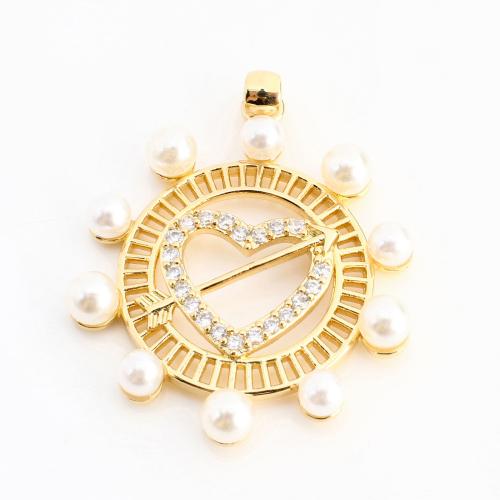 Cubic Zirconia Micro Pave Brass Pendant, with Plastic Pearl, Round, DIY & micro pave cubic zirconia & hollow, golden 