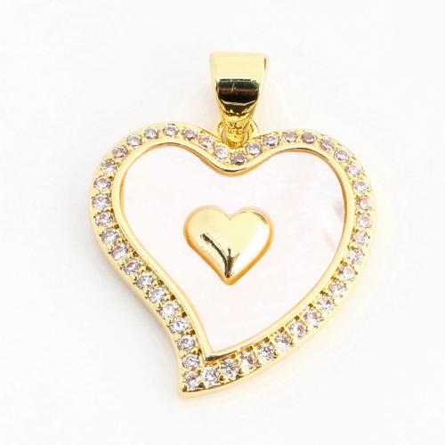 Cubic Zirconia Micro Pave Brass Pendant, with White Shell, Heart, DIY & micro pave cubic zirconia, golden 