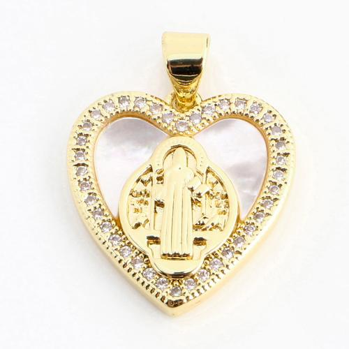 Cubic Zirconia Micro Pave Brass Pendant, with White Shell, Heart, DIY & micro pave cubic zirconia, golden 