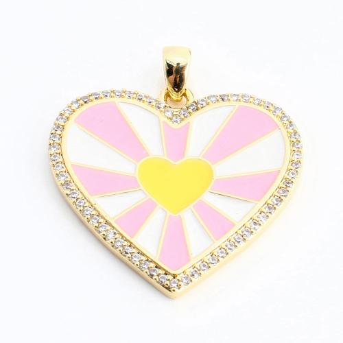 Cubic Zirconia Micro Pave Brass Pendant, Heart, gold color plated, DIY & micro pave cubic zirconia & enamel 