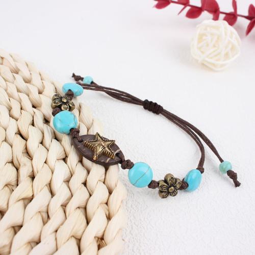 Mixed Material Bracelets, Zinc Alloy, with Coconut & Wax Cord & Natural Turquoise, gold color plated, fashion jewelry 