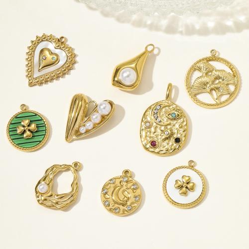 Stainless Steel Pendants, 304 Stainless Steel, with ABS Plastic Pearl & Shell, gold color plated, DIY & enamel & with rhinestone 