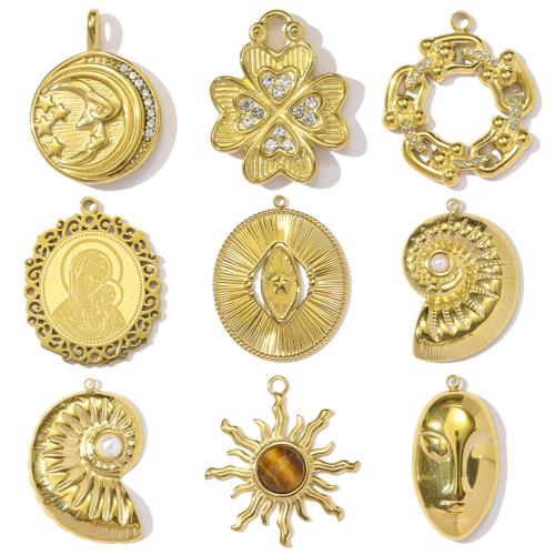 Stainless Steel Pendants, 304 Stainless Steel, with Natural Stone & ABS Plastic Pearl, gold color plated, DIY & with rhinestone 