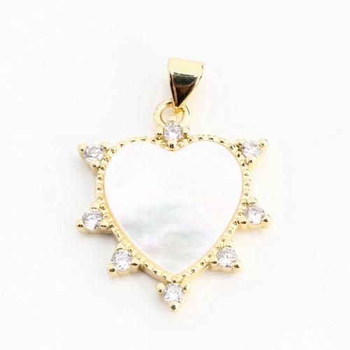 Cubic Zirconia Micro Pave Brass Pendant, with White Shell, Heart, DIY & micro pave cubic zirconia, golden 