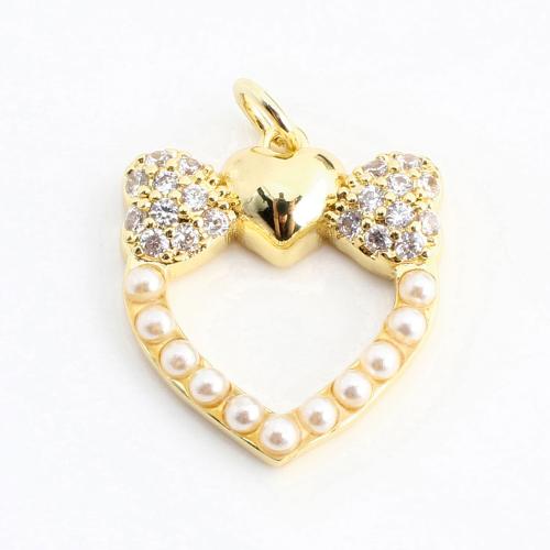 Cubic Zirconia Micro Pave Brass Pendant, with Plastic Pearl, Heart, DIY & micro pave cubic zirconia & hollow, golden 