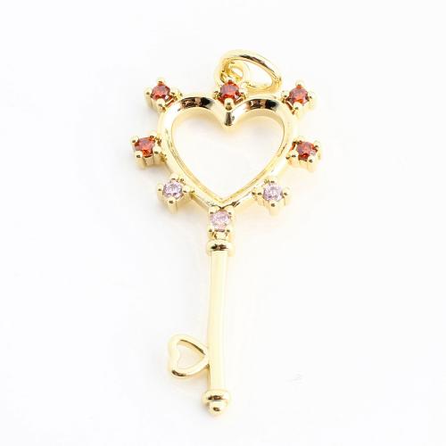 Cubic Zirconia Micro Pave Brass Pendant, Key, DIY & micro pave cubic zirconia & hollow, golden 