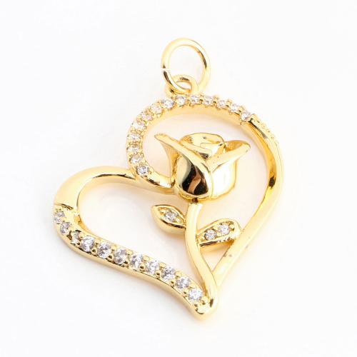 Cubic Zirconia Micro Pave Brass Pendant, Heart, DIY & micro pave cubic zirconia & hollow, golden 