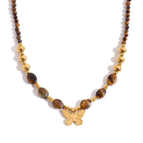 Tiger Eye Necklace, 304 Stainless Steel, with Tiger Eye, 18K gold plated, fashion jewelry & for woman 