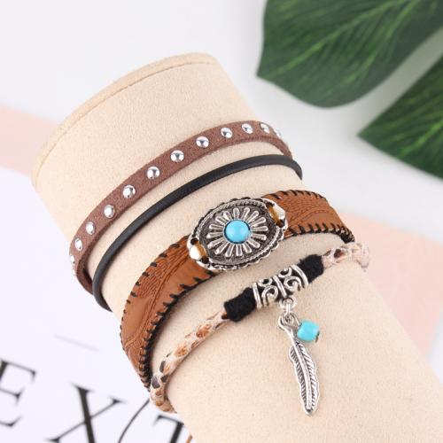 PU Schnur Armbänder, Wachsschnur, mit Baumwollsamt & PU Leder & Zinklegierung, plattiert, Modeschmuck & mehrschichtig, keine, verkauft von PC[