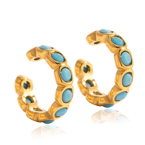 boucle d'oreille de clip en inox, Acier inoxydable 304, avec turquoise, Placage de couleur d'or, bijoux de mode, plus de couleurs à choisir, Vendu par paire