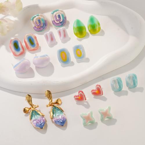 Латуни Стад Серьги, Латунь, плакирован золотом, ювелирные изделия моды & эмаль, Много цветов для выбора, продается PC