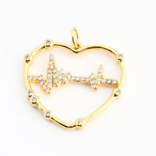Cubic Zirconia Micro Pave Brass Pendant, Heart, DIY & micro pave cubic zirconia & hollow, golden 