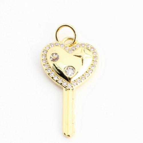Cubic Zirconia Micro Pave Brass Pendant, Key, DIY & micro pave cubic zirconia, golden 