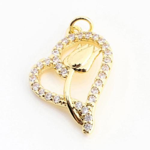 Cubic Zirconia Micro Pave Brass Pendant, Heart, DIY & micro pave cubic zirconia & hollow, golden 