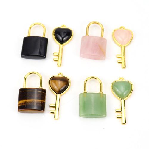 Gemstone Pendantifs en laiton, pierre gemme, avec laiton, Blocage et clé, fait à la main, DIY & différents matériaux pour le choix, doré, Vendu par paire