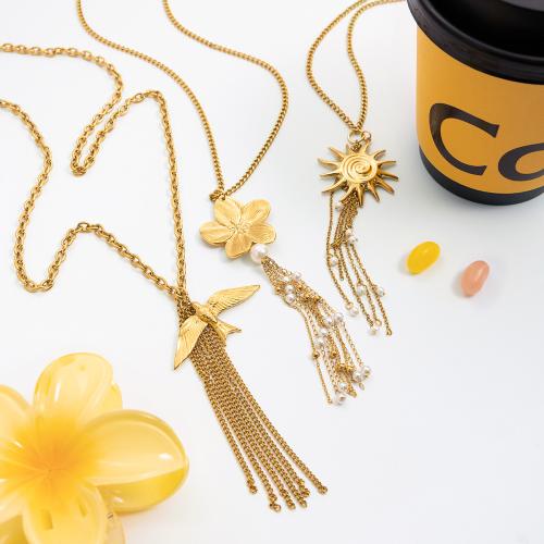 Stainless Steel Sweater Chain Necklace, 304 Stainless Steel, with ABS Plastic Pearl, gold color plated, fashion jewelry 