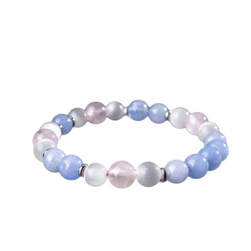 Bracelets en pierres précieuses, Oeil de chat, avec fil élastique & aigue-marine & quartz rose, fait à la main, bijoux de mode & pour femme, Vendu par PC