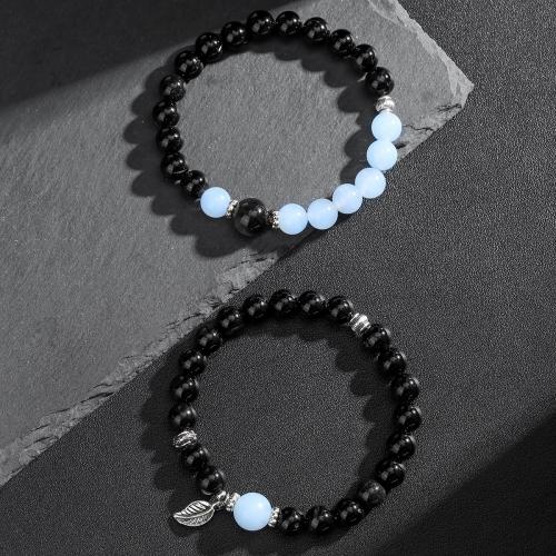 Bracelets en pierres précieuses, aigue-marine, avec Obsidienne & fil élastique & Acier inoxydable 304, fait à la main, bijoux de mode & unisexe & styles différents pour le choix, Vendu par PC