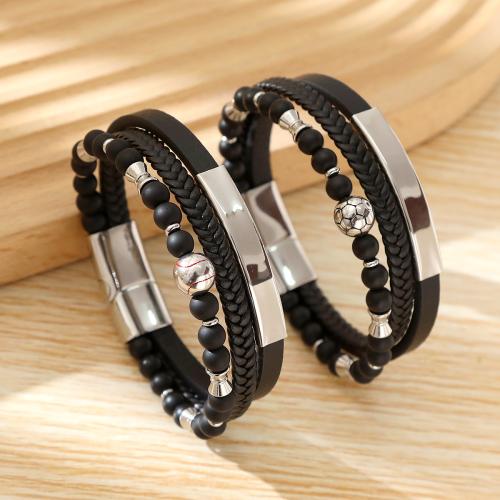 PU Schnur Armbänder, 304 Edelstahl, mit Naturstein & Mikrofaser PU, handgemacht, drei Schichten & verschiedene Stile für Wahl & für den Menschen & Emaille, schwarz, Länge:21 cm, verkauft von PC[