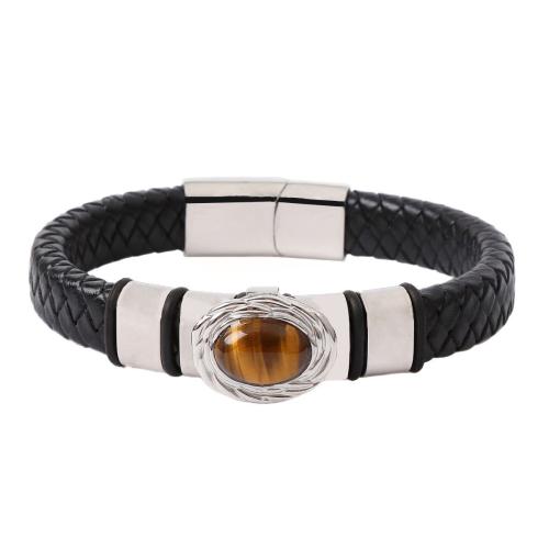 Bracelets en pierres oeil de tigre, Acier inoxydable 304, avec cuir de peau de vache & oeil de tigre & Acier inoxydable 316, fait à la main, bijoux de mode & pour homme, plus de couleurs à choisir cm, Vendu par PC
