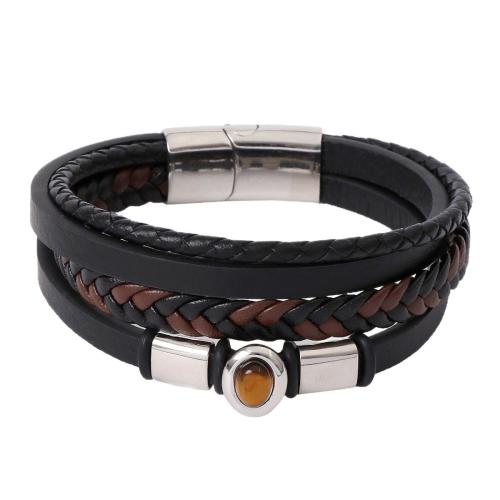 PU Schnur Armbänder, 304 Edelstahl, mit Mikrofaser PU & Tigerauge & 316 Edelstahl, handgemacht, Modeschmuck & mehrschichtig & für den Menschen, keine, Länge:21 cm, verkauft von PC[