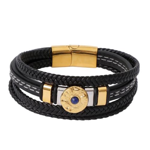PU Leather Cord Bracelets, 304 Stainless Steel, with Microfiber PU & Lapis Lazuli & 316 Stainless Steel, handmade, fashion jewelry & multilayer & for man cm [