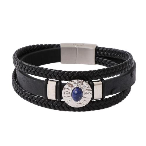 PU Leather Cord Bracelets, Microfiber PU, with Lapis Lazuli & 316 Stainless Steel & 304 Stainless Steel, handmade, three layers & fashion jewelry & for man cm [