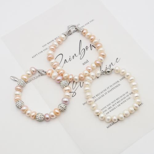 Cultured Freshwater Pearl Bracelets, with 304 Stainless Steel, Flat Round, fashion jewelry & with rhinestone 9-10mm cm 