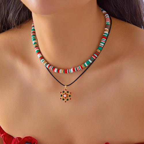 argile de polymère collier, avec perle de plastique, Placage de couleur d'or, Conception de Noël & émail & avec strass, plus de couleurs à choisir, Vendu par PC