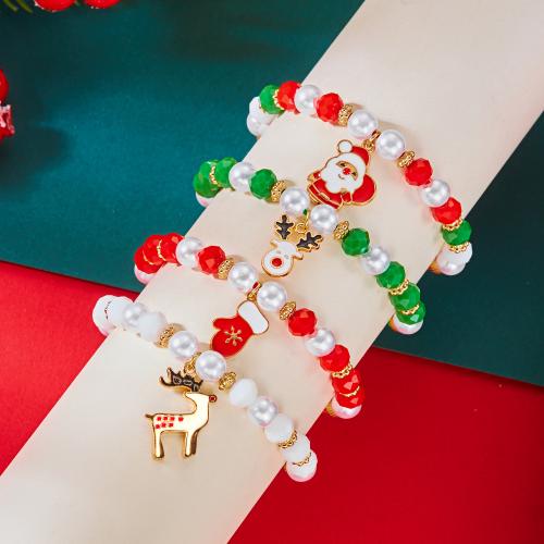 Pulsera de Navidad de la aleación de zinc, con Cristal & Perlas plásticas, chapado en color dorado, Diseño de Navidad & esmalte, más colores para la opción, 4PCs/Set, Vendido por Set