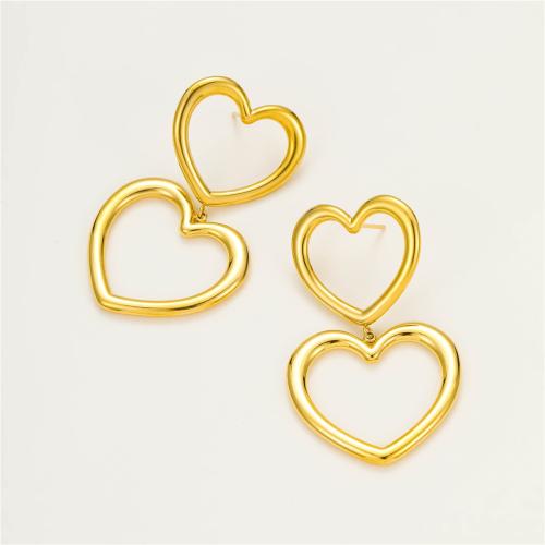 Boucle d'oreille goutte inox, Acier inoxydable 304, coeur, Plaqué or 18K, bijoux de mode & pour femme & creux, Vendu par paire