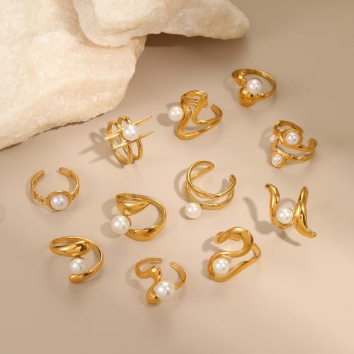 Bague en acier inoxydable, Acier inoxydable 304, avec perle de plastique, Placage, styles différents pour le choix & pour femme & creux, doré, Vendu par PC