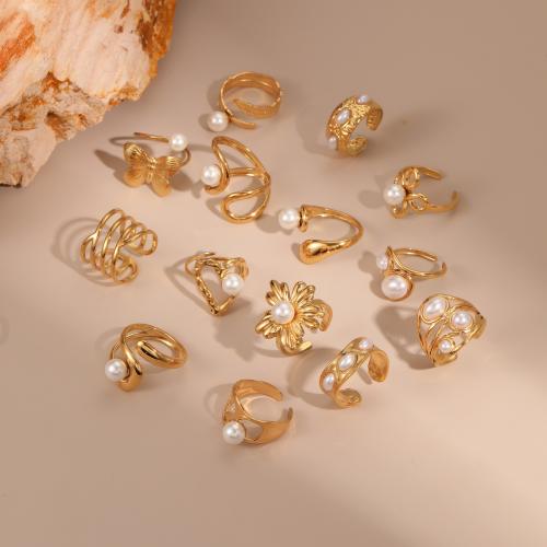 Bague en acier inoxydable, Acier inoxydable 304, avec perle de plastique, Plaqué or 18K, styles différents pour le choix & pour femme & creux, Vendu par PC