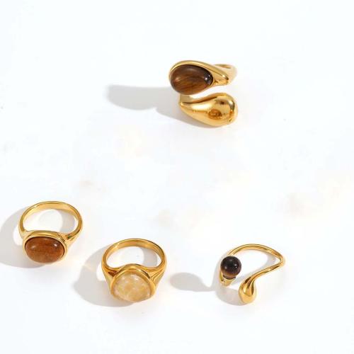 Gemstone Stainless Steel Finger Ring, 304 Stainless Steel, with Gemstone, plated, fashion jewelry 