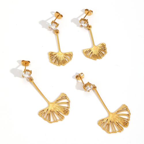 Boucle d'oreille goutte inox, Acier inoxydable 304, Ginkgo Feuille, Placage, bijoux de mode & pavé de micro zircon & creux, plus de couleurs à choisir, Vendu par paire