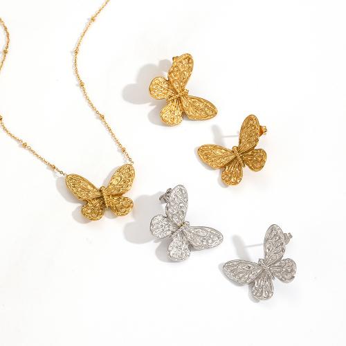 Parures de bijoux en acier inoxydable, Acier inoxydable 304, Boucle d’oreille stud & collier, papillon, Placage, bijoux de mode, plus de couleurs à choisir, Vendu par paire