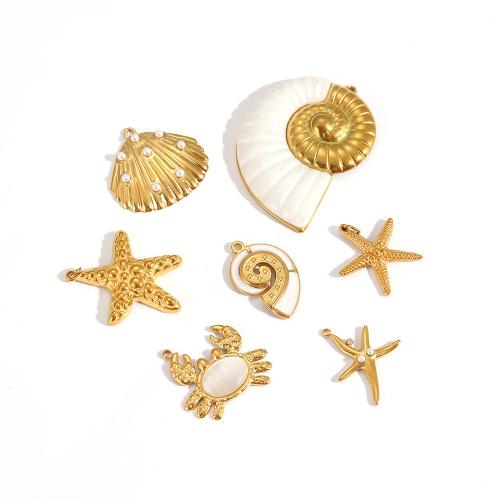 Pendentifs d'animaux en acier inoxydable , Acier inoxydable 304, avec Oeil de chat & coquille & perle de plastique, Placage, DIY, doré, Vendu par PC