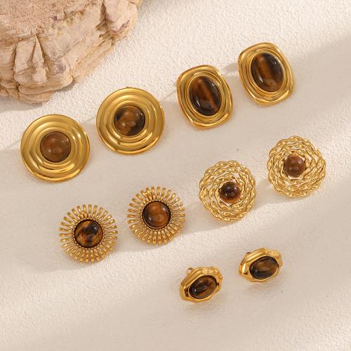 Драгоценные каменные серьги, Нержавеющая сталь 304, с тигровый глаз, Другое покрытие, ювелирные изделия моды, Много цветов для выбора, продается Пара