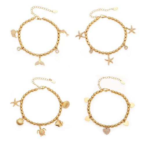 Acero inoxidable Pulsera con dijes, acero inoxidable 304, 18K chapado en oro, diferentes estilos para la opción & micro arcilla de zirconia cúbica & para mujer, Vendido por UD