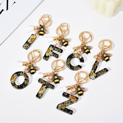 Resin Key Chain, with Dried Flower & PU Leather & Zinc Alloy, Alphabet Letter, epoxy gel, Unisex 100mm 