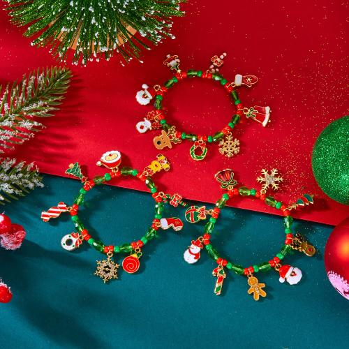 Pulsera de Navidad de la aleación de zinc, con Seedbead & Cristal, chapado en color dorado, Diseño de Navidad & esmalte & con diamantes de imitación, más colores para la opción, Vendido por UD