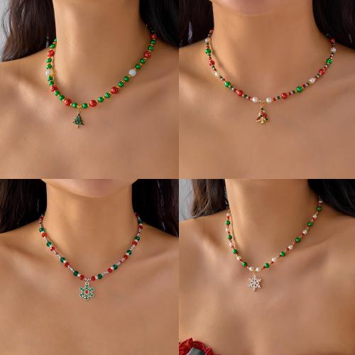 Bijoux de Noël Collier Pull, alliage de zinc, avec Seedbead & cristal & perle de plastique, Placage de couleur d'or, Conception de Noël & émail & avec strass, plus de couleurs à choisir, Vendu par PC