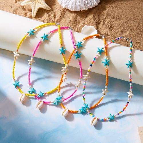 Glass Seed Beads Necklace, Seedbead, with Shell, gold color plated, fashion jewelry 