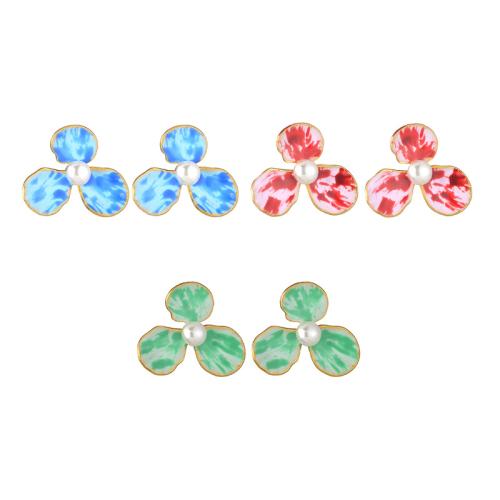 Серьги из нержавеющей стали, Нержавеющая сталь 304, с Пластиковая жемчужина, Форма цветка, плакирован золотом, ювелирные изделия моды & Женский & эмаль, Много цветов для выбора, продается Пара
