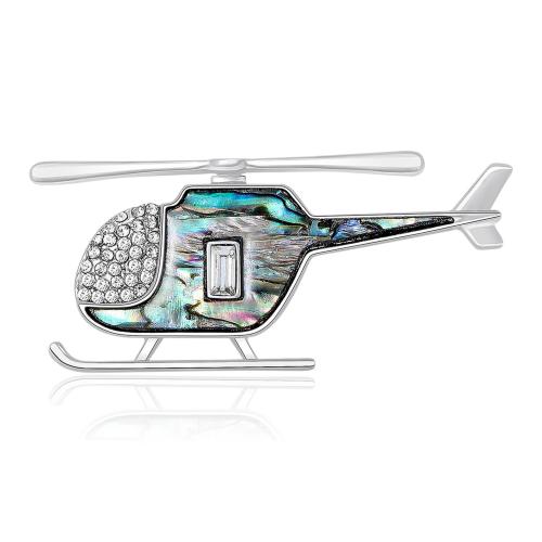 Shell Brooch, Zinc Alloy, with Abalone Shell, Airplane, plated, fashion jewelry & with rhinestone, silver color 