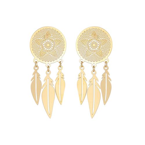 Boucle d'oreille goutte inox, Acier inoxydable 304, forme de plume, Plaqué or 18K, bijoux de mode & pour femme & creux, Vendu par paire[
