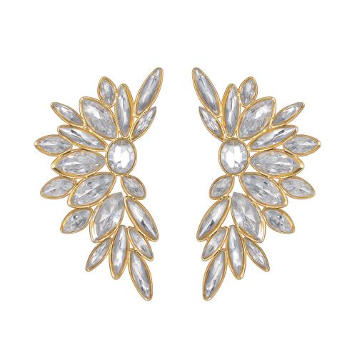 clou d'oreille en acier inoxydable avec stras, Acier inoxydable 304, feuille, Placage, bijoux de mode & pour femme & avec strass, doré, Vendu par paire