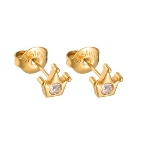 clou d'oreille en acier inoxydable avec stras, Acier inoxydable 304, couronne, Placage, normes différentes pour le choix & pour femme & avec strass, doré, Vendu par paire