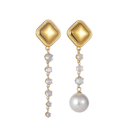 Boucles d'oreilles asymétriques, Acier inoxydable 304, avec perle de plastique, Placage, bijoux de mode & pour femme & avec strass, doré, Vendu par paire