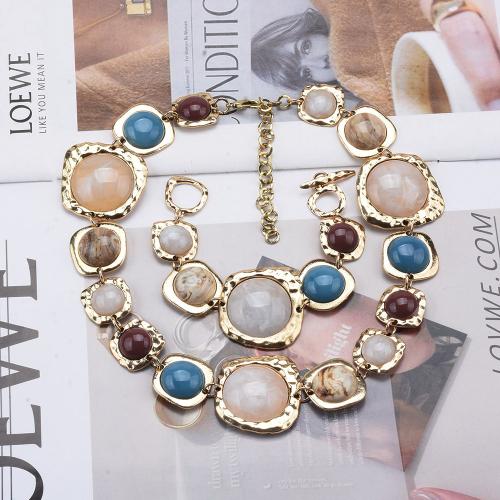 Resin Jewelry Sets, Zinc Alloy, bracelet & necklace, with iron chain & Resin, gold color plated, fashion jewelry 
